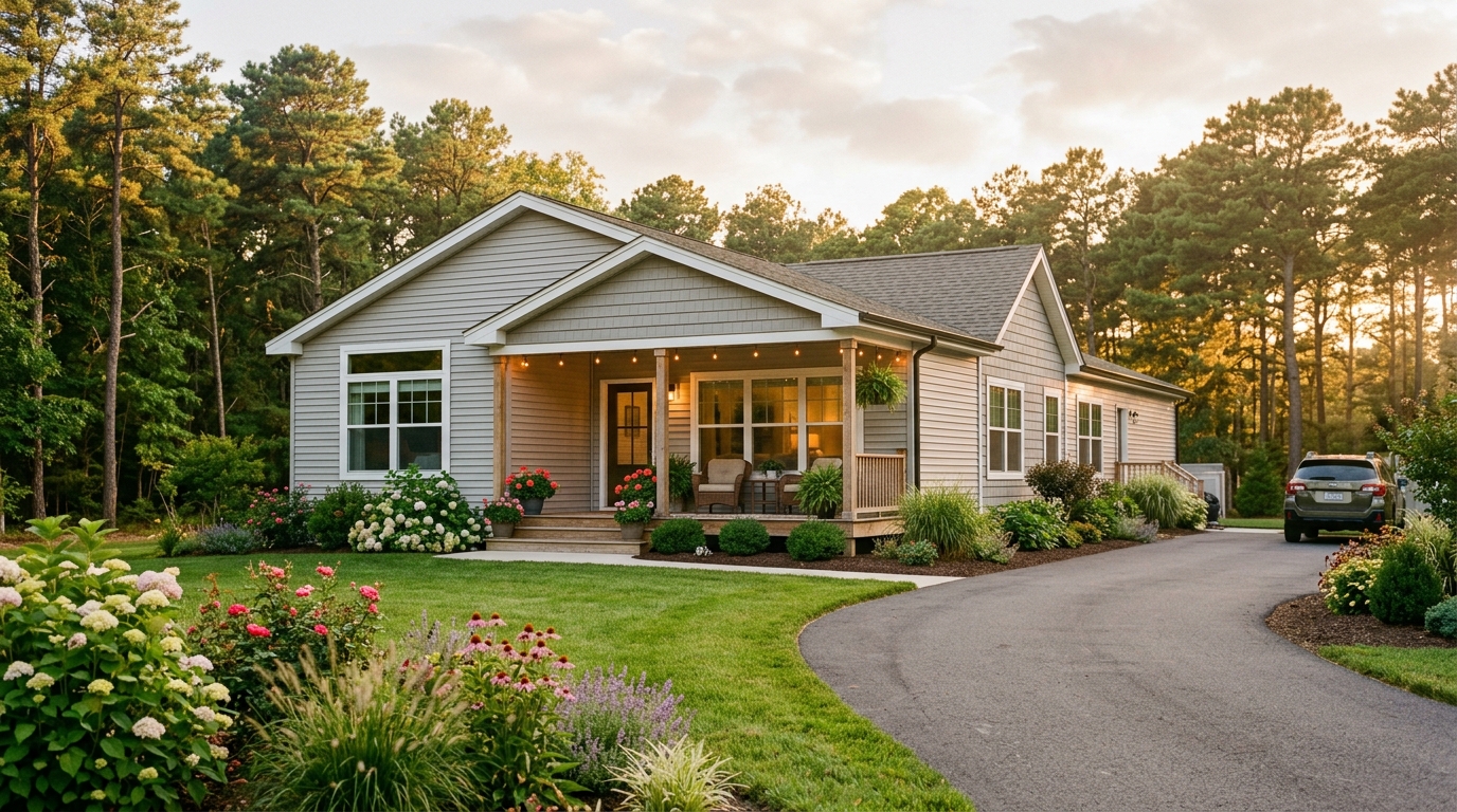 Modern double-wide manufactured home on landscaped lot in Atlantic County NJ